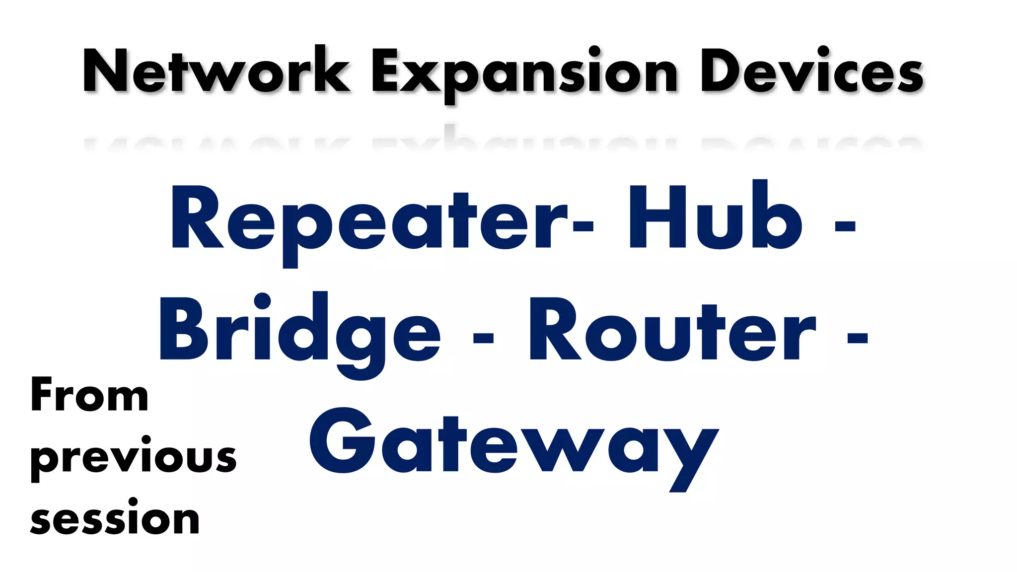 Network Expansion Devices
Repeater- Hub -
Bridge - Router -
Gateway
From
previous
session
 