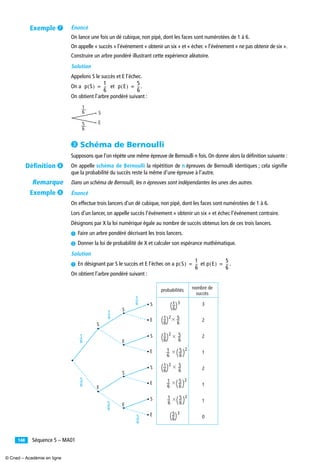 Séquence 5 – MA01148
Énoncé
On lance une fois un dé cubique, non pipé, dont les faces sont numérotées de 1 à 6.
On appelle « succès » l’événement « obtenir un six » et « échec » l’événement « ne pas obtenir de six ».
Construire un arbre pondéré illustrant cette expérience aléatoire.
Solution
Appelons S le succès et E l’échec.
On a et .
On obtient l’arbre pondéré suivant :
» Schéma de Bernoulli
Supposons que l’on répète une même épreuve de Bernoulli n fois. On donne alors la déﬁnition suivante :
On appelle schéma de Bernoulli la répétition de n épreuves de Bernoulli identiques ; cela signiﬁe
que la probabilité du succès reste la même d’une épreuve à l’autre.
Dans un schéma de Bernoulli, les n épreuves sont indépendantes les unes des autres.
Énoncé
On effectue trois lancers d’un dé cubique, non pipé, dont les faces sont numérotées de 1 à 6.
Lors d’un lancer, on appelle succès l’événement « obtenir un six » et échec l’événement contraire.
Désignons par X la loi numérique égale au nombre de succès obtenus lors de ces trois lancers.
³ Faire un arbre pondéré décrivant les trois lancers.
· Donner la loi de probabilité de X et calculer son espérance mathématique.
Solution
³ En désignant par S le succès et E l’échec on a et .
On obtient l’arbre pondéré suivant :
p S( )
1
6
--= p E( )
5
6
--=
1
6 S
E5
6
p S( )
1
6
--= p E( )
5
6
--=
1
6
S
S
S
probabilités nombre de
succès
E
3
2
2
1
2
1
1
0
E
S
E
E
S
S
E
S
E
E
1
6
1
6 1
6
5
6
5
6
5
6
3
5
6
3
1
6
5
6
2
ϫ
1
6
5
6
2
ϫ
1
6
5
6
2
ϫ
1
6
5
6
2
ϫ
1
6
5
6
2
ϫ
1
6
5
6
2
ϫ
Exemple ¶
Déﬁnition º
Remarque
Exemple º
© Cned – Académie en ligne
 