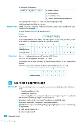 Séquence 5 – MA01150
On en déduit le résultat suivant :
Dans la pratique, on se limitera à des petites valeurs de n (en principe ).
Une loi numérique X ainsi déﬁnie porte un nom.
Soit X la loi numérique indiquant le nombre de succès obtenus lors de n épreuves de Bernoulli, la pro-
babilité du succès étant égale à p.
On dit que X est la loi binomiale de paramètres n et p.
Notation
On peut écrire : .
En regardant les différents arbres obtenus dans cette séquence, on peut donner, pour , le nom-
bre de chemins qui comportent k succès lors de n épreuves de Bernoulli.
Pour , l’arbre pondéré comporte chemins, soit 32 chemins.
Dans ce cas, les valeurs possibles de k sont 0, 1, 2, 3, 4 et 5.
La construction d’un tel arbre, comportant un grand nombre de branches, ne sera pas en principe
demandé.
Néanmoins, on peut donner le nombre de chemins comportant k succès, pour .
Une urne contient sept boules : une rouge, deux jaunes et quatre vertes. Un joueur tire au hasard une
boule :
• si elle est rouge, il gagne 10 € ;
• si elle est jaune, il perd 5 € ;
• si elle est verte, il tire une seconde boule de l’urne sans avoir replacé la première boule tirée. Si
cette deuxième boule est rouge, il gagne 8 €, sinon il perd 4 €.
³ Construire un arbre pondéré représentant l’ensemble des éventualités de ce jeu.
· Calculer la probabilité de l’événement G : « le joueur est gagnant ».
» Soit X la loi numérique associant à chaque tirage le gain algébrique du joueur (une perte est comp-
tée négativement).
a) Établir la loi de probabilité de X.
b) Calculer l’espérance de X.
n : nombre d’épreuves
k : nombre de succès
p : probabilité du succès
: nombre de chemins comportant k succès.
valeurs de n 1 2 3 4
valeurs de k
(nombres de succès)
0 1 0 1 2 0 1 2 3 0 1 2 3 4
nombres de chemins 1 1 1 2 1 1 3 3 1 1 4 6 4 1
n 5
k 0 1 2 3 4 5
nombre de chemins 1 5 10 10 5 1
p X k=( ) Nk pk 1 p–( )n k–××=
Nk
n 5<
X B n ; p( ) b n ; p( )= =
n 4≤
n 5= 25
0 k 5≤ ≤
Exercices d’apprentissageC
Déﬁnition ¾
Remarque
Exercice ³
© Cned – Académie en ligne
 