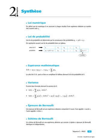 153Séquence 5 – MA01
Synthèse
̈ Loi numérique
On déﬁnit une loi numérique X en associant à chaque résultat d’une expérience aléatoire un nombre
réel, souvent noté .
̈ Loi de probabilité
Une loi de probabilité est déterminée par la connaissance des probabilités .
On représente souvent une loi de probabilité dans un tableau.
̈ Espérance mathématique
.
Le calcul de peut se faire en complétant le tableau donnant la loi de probabilité de X.
̈ Variance
Il existe deux formules donnant la variance de X.
• .
• .
̈ Épreuve de Bernoulli
Une épreuve de Bernoulli est une expérience aléatoire comportant 2 issues, l’une appelée « succès »,
l’autre appelée « échec ».
̈ Schéma de Bernoulli
Un schéma de Bernoulli est une expérience aléatoire qui consiste à répéter n épreuves de Bernoulli,
identiques et indépendantes.
valeurs de X ...
probabilités ...
à vériﬁer
xi
pi p X xi=( )=
xi x1 x2 xn
pi p X xi=( )= p1 p2 pn pi∑ 1=
E X( ) p1x1 p2x2 ... pnxn+ + + pixi
i
∑= =
E X( )
V X( ) pi xi E X( )–( )2
i
∑=
V X( ) pi xi
2( ) E X( )( )– 2
i
∑ p1x1
2 p2x2
2 ... pnxn
2 E X( )( )2–+ + += =
© Cned – Académie en ligne
 