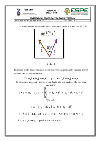 PERIODO
202035-71H
MATEMATICA Y TRIGONOMETRIA PLANA Y ESFERICA
MAYORGA IBARRA ANDREA MISHELLE 05 – ABRIL- 2020
ESSUNA
ESCUELA SUPERIOR NAVAL
CMDTE. RAFAEL MORAN VALVERDE
Si los dos vectores son perpendiculares, su producto escalar será nulo (cos 90° = 0).
a⃑ ∗ b⃑ = 0
El producto escalar de dos vectores de los que conocemos sus componentes se puede resolver
mediante matrices o determinantes
𝑎 = 𝑎 𝑥 𝑖 + 𝑎 𝑦 𝑗 + 𝑎 𝑧 𝑘⃑ 𝑦 𝑏⃑ = 𝑏𝑥 𝑖 + 𝑏 𝑦 𝑗 + 𝑏𝑧 𝑘⃑
lo podemos expresar como el producto de una matriz fila por otra
columna:
𝑎 ∗ 𝑏⃑ = 𝑎 𝑥 𝑎 𝑦 𝑎 𝑧 * |
𝑏⃑ 𝑥
𝑏⃑ 𝑦
𝑏⃑ 𝑧
| = 𝑎 𝑥 ∗ 𝑏⃑ 𝑥 + 𝑎 𝑦 * 𝑏⃑ 𝑦 + 𝑎 𝑧 * 𝑏⃑ 𝑧
Ejemplo:
𝑎 = 𝑖 + 𝑗 − 3𝑘⃑ y 𝑏⃑ = 2𝑖 + 3𝑗 − 3𝑘⃑
𝑎 ∗ 𝑏⃑ = ( −1,1,−3) ∗ ( 2,3,1) = (-1) *2+ 1*3 + (-3) *1 = -2
En este ejemplo, el producto escalar es -2.
 