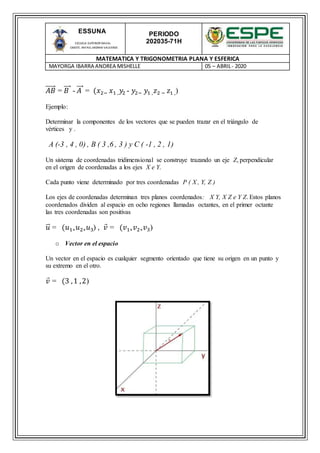 PERIODO
202035-71H
MATEMATICA Y TRIGONOMETRIA PLANA Y ESFERICA
MAYORGA IBARRA ANDREA MISHELLE 05 – ABRIL- 2020
ESSUNA
ESCUELA SUPERIOR NAVAL
CMDTE. RAFAEL MORAN VALVERDE
𝐴𝐵⃑⃑⃑⃑⃑ = 𝐵⃑⃑⃑ - 𝐴⃑⃑⃑ = (𝑥2− 𝑥1 , 𝑦2 - 𝑦2− 𝑦1 , 𝑧2 − 𝑧1 ,)
Ejemplo:
Determinar la componentes de los vectores que se pueden trazar en el triángulo de
vértices y .
A (-3 , 4 , 0) , B ( 3 ,6 , 3 ) y C ( -1 , 2 , 1)
Un sistema de coordenadas tridimensional se construye trazando un eje Z, perpendicular
en el origen de coordenadas a los ejes X e Y.
Cada punto viene determinado por tres coordenadas P ( X , Y, Z )
Los ejes de coordenadas determinan tres planos coordenados: X Y, X Z e Y Z. Estos planos
coordenados dividen al espacio en ocho regiones llamadas octantes, en el primer octante
las tres coordenadas son positivas
𝑢⃑ = (𝑢1∗ 𝑢2∗ 𝑢3) , 𝑣 = (𝑣1∗ 𝑣2∗ 𝑣3)
o Vector en el espacio
Un vector en el espacio es cualquier segmento orientado que tiene su origen en un punto y
su extremo en el otro.
𝑣 = (3 ,1 ,2)
 