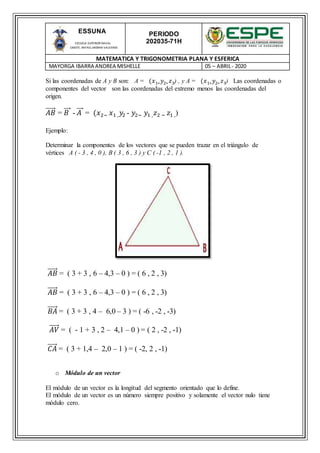 PERIODO
202035-71H
MATEMATICA Y TRIGONOMETRIA PLANA Y ESFERICA
MAYORGA IBARRA ANDREA MISHELLE 05 – ABRIL- 2020
ESSUNA
ESCUELA SUPERIOR NAVAL
CMDTE. RAFAEL MORAN VALVERDE
Si las coordenadas de A y B son: A = (𝑥1∗ 𝑦2∗ 𝑧3) , y A = (𝑥1∗ 𝑦2∗ 𝑧3) Las coordenadas o
componentes del vector son las coordenadas del extremo menos las coordenadas del
origen.
𝐴𝐵⃑⃑⃑⃑⃑ = 𝐵⃑⃑⃑ - 𝐴⃑⃑⃑ = (𝑥2− 𝑥1 , 𝑦2 - 𝑦2− 𝑦1 , 𝑧2 − 𝑧1 ,)
Ejemplo:
Determinar la componentes de los vectores que se pueden trazar en el triángulo de
vértices A ( - 3 , 4 , 0 ), B ( 3 , 6 , 3 ) y C ( -1 , 2 , 1 ).
𝐴𝐵⃑⃑⃑⃑⃑ = ( 3 + 3 , 6 – 4,3 – 0 ) = ( 6 , 2 , 3)
𝐴𝐵⃑⃑⃑⃑⃑ = ( 3 + 3 , 6 – 4,3 – 0 ) = ( 6 , 2 , 3)
𝐵𝐴⃑⃑⃑⃑⃑ = ( 3 + 3 , 4 – 6,0 – 3 ) = ( -6 , -2 , -3)
𝐴𝑉⃑⃑⃑⃑⃑ = ( - 1 + 3 , 2 – 4,1 – 0 ) = ( 2 , -2 , -1)
𝐶𝐴⃑⃑⃑⃑⃑ = ( 3 + 1,4 – 2,0 – 1 ) = ( -2, 2 , -1)
o Módulo de un vector
El módulo de un vector es la longitud del segmento orientado que lo define.
El módulo de un vector es un número siempre positivo y solamente el vector nulo tiene
módulo cero.
 