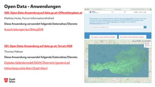 Open Data - Anwendungen
500. Open Data-Anwendung auf data.gv.at: OffeneVergaben.at
Mathias Huter, Forum Informationsfreiheit
Diese Anwendung verwendet folgende Datensätze/Dienste:
Ausschreibungen laut BVerg2018
501. Open Data-Anwendung auf data.gv.at: Terrain RGB
Thomas Halwax
Diese Anwendung verwendet folgende Datensätze/Dienste:
Digitales Geländemodell (DGM) Österreich (geoland.at)
Höhenfestpunkte Wien (Stadt Wien)
 
