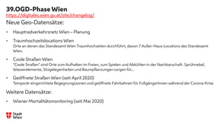 39.OGD-Phase Wien
Neue Geo-Datensätze:
• Hauptradverkehrsnetz Wien – Planung
• Traumhochzeitslocations Wien
Orte an denen das Standesamt Wien Traumhochzeiten durchführt, davon 7 Außer-Haus-Locations des Standesamt
Wien.
• Coole Straßen Wien
"Coole Straßen" sind Orte zum Aufhalten im Freien, zum Spielen und Abkühlen in der Nachbarschaft. Sprühnebel,
Wasserelemente, Sitzgelegenheiten und Baumpflanzungen sorgen für...
• Geöffnete Straßen Wien (seit April 2020)
Temporär eingerichtete Begegnungszonen und geöffnete Fahrbahnen für FußgängerInnen während der Corona-Krise
Weitere Datensätze:
• Wiener Mortalitätsmonitoring (seit Mai 2020)
https://digitales.wien.gv.at/site/changelog/
 