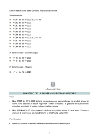 7
Elenco settimanale delle GU della Repubblica Italiana
Serie Generale:
n° 261 del 21-10-2020 (S.O. n° 39)
n° 262 del 22-10-2020
n° 263 del 23-10-2020
n° 264 del 24-10-2020
n° 265 del 25-10-2020
n° 266 del 26-10-2020
n° 266 del 26-10-2020 (S.O. n° 40)
n° 267 del 27-10-2020
n° 268 del 28-10-2020
n° 269 del 28-10-2020
2ª Serie Speciale - Unione Europea
n° 83 del 22-10-2020
n° 84 del 26-10-2020
3ª Serie Speciale – Regioni
n° 41 del 24-10-2020
MINISTERO DELLA SALUTE - SICUREZZA ALIMENTARE
Note
 Nota 37041 del 21.10.2020: Listeria monocytogenes e salmonella spp nei prodotti a base di
carne suina destinati all`export negli USA - criteri e modalita` di gestione dell`autocontrollo
aziendale e modalità di verifica dell`Autorità Competente
 Nota 36814 del 20.10.2020: esportazione di carne e prodotti a base di carne verso il Canada -
elementi di chiarimento alla nota DGISAN n. 24547 del 2 luglio 2020
Pubblicazioni
 Revoca di prodotti fitosanitari contenenti la sostanza attiva Metalaxyl-M
 