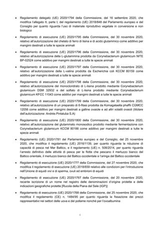 4
 Regolamento delegato (UE) 2020/1794 della Commissione, del 16 settembre 2020, che
modifica l’allegato II, parte I, del regolamento (UE) 2018/848 del Parlamento europeo e del
Consiglio per quanto riguarda l’uso di materiale riproduttivo vegetale in conversione e non
biologico
 Regolamento di esecuzione (UE) 2020/1795 della Commissione, del 30 novembre 2020,
relativo all’autorizzazione del chelato di ferro di lisina e di acido glutammico come additivo per
mangimi destinati a tutte le specie animali
 Regolamento di esecuzione (UE) 2020/1796 della Commissione, del 30 novembre 2020,
relativo all’autorizzazione della L-glutammina prodotta da Corynebacterium glutamicum NITE
BP-02524 come additivo per mangimi destinati a tutte le specie animali
 Regolamento di esecuzione (UE) 2020/1797 della Commissione, del 30 novembre 2020,
relativo all’autorizzazione della L-valina prodotta da Escherichia coli KCCM 80159 come
additivo per mangimi destinati a tutte le specie animali
 Regolamento di esecuzione (UE) 2020/1798 della Commissione, del 30 novembre 2020,
relativo all’autorizzazione del monocloridrato di L-lisina prodotto mediante Corynebacterium
glutamicum DSM 32932 e del solfato di L-lisina prodotto mediante Corynebacterium
glutamicum KFCC 11043 come additivi per mangimi destinati a tutte le specie animali
 Regolamento di esecuzione (UE) 2020/1799 della Commissione, del 30 novembre 2020,
relativo all’autorizzazione di un preparato di 6-fitasi prodotta da Komagataella phaffii CGMCC
12056 come additivo per mangimi destinati a galline ovaiole e ad altri volatili ovaioli (titolare
dell’autorizzazione: Andrés Pintaluba S.A)
 Regolamento di esecuzione (UE) 2020/1800 della Commissione, del 30 novembre 2020,
relativo all’autorizzazione del glutammato monosodico prodotto mediante fermentazione con
Corynebacterium glutamicum KCCM 80188 come additivo per mangimi destinati a tutte le
specie animali
 Regolamento (UE) 2020/1781 del Parlamento europeo e del Consiglio, del 25 novembre
2020, che modifica il regolamento (UE) 2016/1139, per quanto riguarda la riduzione di
capacità di pesca nel Mar Baltico, e il regolamento (UE) n. 508/2014, per quanto riguarda
l’arresto definitivo delle attività di pesca per le flotte che pescano il merluzzo bianco del
Baltico orientale, il merluzzo bianco del Baltico occidentale e l’aringa del Baltico occidentale
 Regolamento di esecuzione (UE) 2020/1777 della Commissione, del 27 novembre 2020, che
modifica il regolamento di esecuzione (UE) 2018/659 relativo alle condizioni per l’introduzione
nell’Unione di equidi vivi e di sperma, ovuli ed embrioni di equidi
 Regolamento di esecuzione (UE) 2020/1767 della Commissione, del 20 novembre 2020,
recante iscrizione di un nome nel registro delle denominazioni d’origine protette e delle
indicazioni geografiche protette [Rucola della Piana del Sele (IGP)]
 Regolamento di esecuzione (UE) 2020/1768 della Commissione, del 25 novembre 2020, che
modifica il regolamento (CE) n. 1484/95 per quanto riguarda la fissazione dei prezzi
rappresentativi nei settori delle uova e del pollame nonché per l’ovoalbumina
 