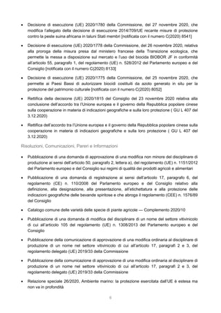 6
 Decisione di esecuzione (UE) 2020/1780 della Commissione, del 27 novembre 2020, che
modifica l’allegato della decisione di esecuzione 2014/709/UE recante misure di protezione
contro la peste suina africana in taluni Stati membri [notificata con il numero C(2020) 8541]
 Decisione di esecuzione (UE) 2020/1778 della Commissione, del 26 novembre 2020, relativa
alla proroga della misura presa dal ministero francese della Transizione ecologica, che
permette la messa a disposizione sul mercato e l’uso del biocida BIOBOR JF in conformità
all’articolo 55, paragrafo 1, del regolamento (UE) n. 528/2012 del Parlamento europeo e del
Consiglio [notificata con il numero C(2020) 8133]
 Decisione di esecuzione (UE) 2020/1775 della Commissione, del 25 novembre 2020, che
permette ai Paesi Bassi di autorizzare biocidi costituiti da azoto generato in situ per la
protezione del patrimonio culturale [notificata con il numero C(2020) 8052]
 Rettifica della decisione (UE) 2020/1815 del Consiglio del 23 novembre 2020 relativa alla
conclusione dell’accordo tra l’Unione europea e il governo della Repubblica popolare cinese
sulla cooperazione in materia di indicazioni geografiche e sulla loro protezione ( GU L 407 del
3.12.2020)
 Rettifica dell’accordo tra l’Unione europea e il governo della Repubblica popolare cinese sulla
cooperazione in materia di indicazioni geografiche e sulla loro protezione ( GU L 407 del
3.12.2020)
Risoluzioni, Comunicazioni, Pareri e Informazioni
 Pubblicazione di una domanda di approvazione di una modifica non minore del disciplinare di
produzione ai sensi dell’articolo 50, paragrafo 2, lettera a), del regolamento (UE) n. 1151/2012
del Parlamento europeo e del Consiglio sui regimi di qualità dei prodotti agricoli e alimentari
 Pubblicazione di una domanda di registrazione ai sensi dell’articolo 17, paragrafo 6, del
regolamento (CE) n. 110/2008 del Parlamento europeo e del Consiglio relativo alla
definizione, alla designazione, alla presentazione, all’etichettatura e alla protezione delle
indicazioni geografiche delle bevande spiritose e che abroga il regolamento (CEE) n. 1576/89
del Consiglio
 Catalogo comune delle varietà delle specie di piante agricole — Complemento 2020/10
 Pubblicazione di una domanda di modifica del disciplinare di un nome del settore vitivinicolo
di cui all’articolo 105 del regolamento (UE) n. 1308/2013 del Parlamento europeo e del
Consiglio
 Pubblicazione della comunicazione di approvazione di una modifica ordinaria al disciplinare di
produzione di un nome nel settore vitivinicolo di cui all’articolo 17, paragrafi 2 e 3, del
regolamento delegato (UE) 2019/33 della Commissione
 Pubblicazione della comunicazione di approvazione di una modifica ordinaria al disciplinare di
produzione di un nome nel settore vitivinicolo di cui all’articolo 17, paragrafi 2 e 3, del
regolamento delegato (UE) 2019/33 della Commissione
 Relazione speciale 26/2020, Ambiente marino: la protezione esercitata dall’UE è estesa ma
non va in profondità
 