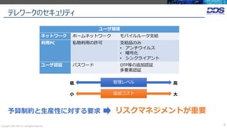 テレワークのセキュリティ
Copyright 2020 DDS, Inc. All Rights Reserved.
6
ユーザ環境
ネットワーク ホームネットワーク モバイルルータ支給
利用PC 私物利用の許可 支給品のみ
• アンチウイルス
• 暗号化
• シンクライアント
ユーザ認証 パスワード OTP等の追加認証
多要素認証
管理レベル 高低
追加コスト 大小
予算制約と生産性に対する要求 リスクマネジメントが重要
 