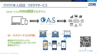 クラウド本人認証 マガタマサービス
8
ID・パスワード入力不要!
数回のマウスクリックと
スマホの指紋センサータッチで
簡単ログイン
Copyright 2020 DDS, Inc. All Rights Reserved.
WEBサービスにFIDO認証でログイン
▲
マガタマサービス詳細
 