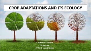 CROP ADAPTATIONS AND ITS ECOLOGY
S. ASHOKH ARAVIND
2020602004
1ST Ph. D (AGRONOMY)
 