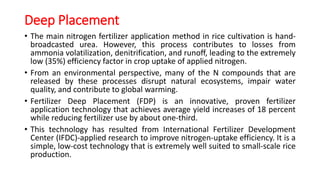 Deep Placement
• The main nitrogen fertilizer application method in rice cultivation is hand-
broadcasted urea. However, this process contributes to losses from
ammonia volatilization, denitrification, and runoff, leading to the extremely
low (35%) efficiency factor in crop uptake of applied nitrogen.
• From an environmental perspective, many of the N compounds that are
released by these processes disrupt natural ecosystems, impair water
quality, and contribute to global warming.
• Fertilizer Deep Placement (FDP) is an innovative, proven fertilizer
application technology that achieves average yield increases of 18 percent
while reducing fertilizer use by about one-third.
• This technology has resulted from International Fertilizer Development
Center (IFDC)-applied research to improve nitrogen-uptake efficiency. It is a
simple, low-cost technology that is extremely well suited to small-scale rice
production.
 