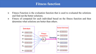  Fitness Function is the evaluation function that is used to evaluated the solutions
and find out the better solutions.
 Fitness of computed for each individual based on the fitness function and then
determine what solutions are better than others.
Fitness function
 