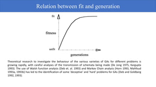 Theoretical research to investigate the behaviour of the various varieties of GAs for different problems is
growing rapidly, with careful analyses of the transmission of schemata being made (De Jong 1975, Kargupta
1993). The use of Walsh function analysis (Deb et. al. 1993) and Markov Chain analysis (Horn 1993, Mahfoud
1993a, 1993b) has led to the identification of some 'deceptive' and 'hard' problems for GAs (Deb and Goldberg
1992, 1993).
Relation between fit and generation
 