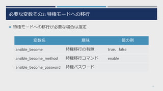 必要な変数その2: 特権モードへの移⾏
¡ 特権モードへの移⾏が必要な場合は指定
15
変数名 意味 値の例
ansible_become 特権移⾏の有無 true、false
ansible_become_method 特権移⾏コマンド enable
ansible_become_password 特権パスワード
 