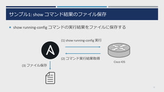 サンプル1: show コマンド結果のファイル保存
¡ show running-config コマンドの実⾏結果をファイルに保存する
17
(1) show running-config 実⾏
(2) コマンド実⾏結果取得
(3) ファイル保存
Cisco IOS
 