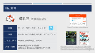 ⾃⼰紹介
3
所属 エーピーコミュニケーションズ
業務 ネットワーク⾃動化の⽀援、アウトプット
コミュニティ Ansible ユーザー会、JANOG
共著・寄稿
Ansible実践ガイド 第3版
Software Design 2018年12⽉号 他
横地 晃 @akira6592
https://book.impress.co.jp/books/1118101094
https://tekunabe.hatenablog.jp/
https://gihyo.jp/magazine/SD/archive/2018/201812
てくなべ（ブログ）
 