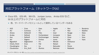 対応プラットフォーム（ネットワークOS）
¡ Cisco IOS、IOS-XR、NX-OS、Juniper Junos、Arista EOS など、
50 以上のプラットフォームに対応
¡ 他、サードパーティモジュールとして提供しているベンダーもある
8ネットワークモジュール⼀覧 https://docs.ansible.com/ansible/latest/modules/list_of_network_modules.html
• A10
• Aci
• Aireos
• Aruba
• Asa
• Avi
• Bigswitch
• Check_Point
• Cloudengine
• Cloudvision
• Cnos
• Cumulus
• Dellos10
• Dellos6
• Dellos9
• Edgeos
• Edgeswitch
• Enos
• Eos
• Eric_Eccli
• Exos
• F5
• Files
• Fortianalyzer
• Fortimanager
• Fortios
• Frr
• Ftd
• Icx
• Illumos
• Ingate
• Ios
• Iosxr
• Ironware
• Itential
• Junos
• Meraki
• Netact
• Netscaler
• Netvisor
• Nos
• Nso
• Nuage
• Nxos
• Onyx
• Opx
• Ordnance
• Ovs
• Panos
• Radware
• Routeros
• Skydive
• Slxos
• Sros
• Voss
• Vyos
 