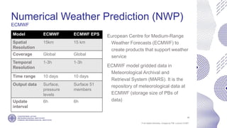 If not stated otherwise, omages by FMI. Licence CC4BY
Numerical Weather Prediction (NWP)
ECMWF
European Centre for Medium-Range
Weather Forecasts (ECMWF) to
create products that support weather
service
ECMWF model gridded data in
Meteorological Archival and
Retrieval System (MARS). It is the
repository of meteorological data at
ECMWF (storage size of PBs of
data)
17
Model ECMWF ECMWF EPS
Spatial
Resolution
15km 15 km
Coverage Global Global
Temporal
Resolution
1-3h 1-3h
Time range 10 days 10 days
Output data Surface,
pressure
levels
Surface 51
members
Update
interval
6h 6h
 
