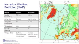 If not stated otherwise, omages by FMI. Licence CC4BY
Numerical Weather
Prediction (NWP)
18
Model Hirlam Harmonie
Spatial
Resolution
7,5 km 2,5 km
Coverage Europe Skandinavia
Temporal
Resolution
1h 15 min
Time range 48h 48h
Update
interval
6h 6h
Output data Surface,
pressure levels,
model levels
Surface,
pressure levels,
model levels
 