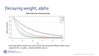 If not stated otherwise, omages by FMI. Licence CC4BY
Biascorrection
How large effect will the error have and for how long with different alpha values:
equation: BCt = (1-α)BCt-1 (started with BC value 1)
Decaying weight, alpha
 