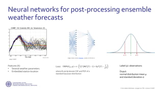If not stated otherwise, omages by FMI. Licence CC4BY
Neural networks for post-processing ensemble
weather forecasts
Image: ECMWF
Image: Cecbur, source: Wikipedia., License: CC BY-SA 4.0
Loss:
where Φ and φ denote CDF and PDF of a
standardGaussian distribution
Features (X):
• Several weather parameters
• Embedded station location
Label (y): observations
Ouput:
normal distribution mean μ
and standard deviation σ
 