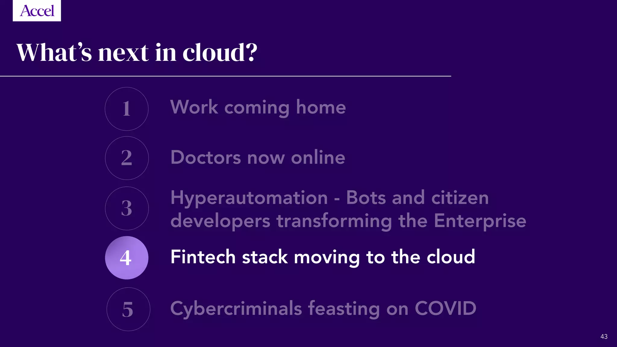 1
2
3
5
4
What’s next in cloud?
Work coming home
Doctors now online
Hyperautomation - Bots and citizen
developers transforming the Enterprise
Fintech stack moving to the cloud
Cybercriminals feasting on COVID
43
 