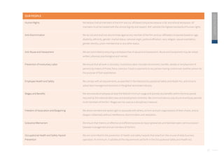 17
2020
ESG
REPORT
OUR PEOPLE
Human Rights We believe that all members of the firm and our affiliated companies deserve a fair and ethical workplace. All
members must be treated with the utmost dignity and respect. ADF upholds the highest standards of human rights.
Anti-Discrimination We do not and shall not discriminate against any member of the firm and our affiliated companies based on age,
disability, ethnicity, gender, marital status, national origin, political affiliation, race, religion, sexual orientation,
gender identity, union membership or any other status.
Anti-Abuse and Harassment We are committed to ensuring a workplace free of abuse and harassment. Abuse and harassment may be verbal,
written, physical, psychological and mental.
Prevention of Involuntary Labor We ensure that all work is voluntary. Involuntary labor includes recruitment, transfer, receipt or employment of
persons by means of threat, force, coercion, fraud or payments to any person having control over another person for
the purpose of their exploitation.
Employee Health and Safety We comply with all requirements, as specified in the National Occupational Safety and Health Act, and strive to
adopt best management practices in the global real estate industry.
Wages and Benefits We remunerate employees at least the federal minimum wage and provide any benefits within the time period
required by the national labor laws and employment contracts. We communicate our pay structure and pay periods
to all members of the firm. Wages are not used as a disciplinary measure.
Freedom of Association and Bargaining We allow members the lawful right to associate with others, to form and join organizations of their choice, and to
bargain collectively without interference, discrimination and retaliation.
Grievance Mechanism We ensure that there is an effective and efficient process to report grievances and facilitate open communication
between management and all members of the firm.
Occupational Health and Safety Hazard
Prevention
We are committed to the prevention of health and safety hazards that arise from the course of daily business
operation. At minimum, it satisfies all the requirements set forth in the Occupational Safety and Health Act.
 