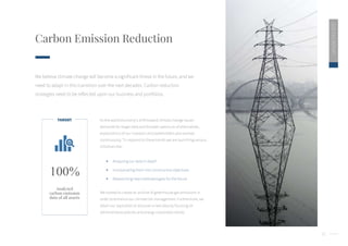 Analyzed
carbon emission
data of all assets
100%
21
2020
ESG
REPORT
Carbon Emission Reduction
We believe climate change will become a significant threat in the future, and we
need to adapt in this transition over the next decades. Carbon reduction
strategies need to be reflected upon our business and portfolios.
As the world economy’s shift toward climate change issues
demands for larger data and broader spectrum of alternatives,
expectations of our investors and stakeholders also evolves
continuously. To respond to these trends we are launching various
initiatives like :
 Analyzing our data in depth
 Incorporating them into constructive objectives
 Researching new methodologies for the future
We started to create an archive of greenhouse gas emissions in
order to enhance our climate risk management. Furthermore, we
retain our aspiration to discover a new idea by focusing on
administrative policies and energy corporates trends.
TARGET
 