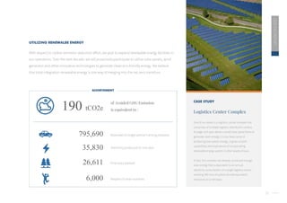 23
2020
ESG
REPORT
CASE STUDY
Logistics Center Complex
One of our assets is a logistics center complex that
comprises of multiple logistics distribution centers.
Its large roof span allows a small solar panel farms to
generate clean energy. It is our base camp of
producing low-carbon energy ; it gives us both
capabilities and inspirations of incorporating
renewable energy system in other assets of ours.
In fact, this complex has already produced enough
solar energy that is equivalent to an annual
electricity consumption of a single logistics center,
avoiding 190 tons of carbon dioxide equivalent
emissions on a net basis.
of Avoided GHG Emission
is equivalent to :
190 tCO2e
795,690 Kilometer of single vehicle’s driving distance
26,611 Pine trees planted
6,000 People’s human activities
35,830 Electricity produced for one year
UTILIZING RENEWALBE ENERGY
With respect to carbon emission reduction effort, we plan to expand renewable energy facilities in
our operations. Over the next decade, we will proactively participate to utilize solar panels, wind
generator and other innovative technologies to generate clean eco-friendly energy. We believe
that total integration renewable energy is one way of merging into the net zero transition.
ACHIEVEMENT
 