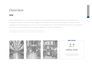 3
Overview
ADF Asset Management Co., Ltd.
1
is an asset management company headquartered in Seoul, Korea. We own and operate assets of
1,773,200 sqm valued at 2.7 trillion KRW under management.
2
Specialized in real estate investment, development / leasing / property
management and asset management, we offer a “One Stop” solution from “Birth to Grave” in total real estate investment and management
to our investors around the world. For more information, please visit our website at www.adfamc.com.
1
ADF Asset Management Co., Ltd - hereafter referred to as “we,” “our,” “ADF” and “ADF Asset Management.”
2
AUM as of November, 2020 and AUM as of March, 2021 is approximately 1,799,036 sqm valued at 3.1 trillion KRW.
REAL ESTATE
trillion KRW
2.7
Industrial real estate in global
and domestic market
2020
ESG
REPORT
 