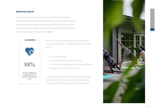 33
2020
ESG
REPORT
EMPLOYEE HEALTH
Our responsibility of social contribution will be futile if carried out
without healthy mind and body. By providing a sound medical checkup
and other wellness programs, we always prioritize health and wellness
of our employees. Furthermore, we continue to seek for more beneficial
and innovative way to enhance this program.
of our employees
completed their
health checkup in
2020
88%
ACHIEVEMENT
We conduct a health and wellness survey to understand our
employees’ needs better. The programs we promoted in 2020
include :
 Annual health checkup
 Employer-paid maternity and paternity benefits
 Complimentary employee gym passes and discounted programs
 Ergonomic desk and IT device requirements
In addition to the above, the wide-range of general employee
assistance services like stress management, financial / legal
consultation, grief / loss support and etc., are also available.
 