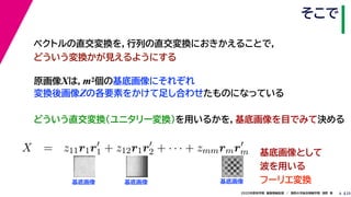 252020年度秋学期　画像情報処理　／　関西大学総合情報学部　浅野　晃
そこで
6
原画像Xは，m2個の基底画像にそれぞれ
変換後画像Zの各要素をかけて足し合わせたものになっている
ベクトルの直交変換を，行列の直交変換におきかえることで，
どういう変換かが見えるようにする
   
X = z11r1r1 + z12r1r2 + · · · + zmmrmrm
m m
基底画像 基底画像 基底画像
どういう直交変換（ユニタリー変換）を用いるかを，基底画像を目でみて決める
基底画像として
波を用いる
フーリエ変換
 