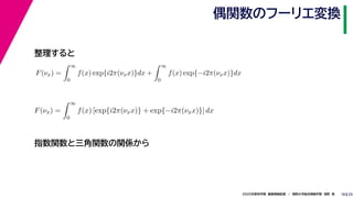 252020年度秋学期　画像情報処理　／　関西大学総合情報学部　浅野　晃
偶関数のフーリエ変換
18
F(νx) =
∞
0
f(x) exp{i2π(νxx)}dx +
∞
0
f(x) exp{−i2π(νxx)}dx
∞
F(νx) =
∞
0
f(x) [exp{i2π(νxx)} + exp{−i2π(νxx)}] dx
整理すると
指数関数と三角関数の関係から
 