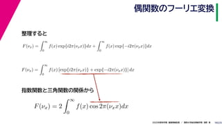 252020年度秋学期　画像情報処理　／　関西大学総合情報学部　浅野　晃
偶関数のフーリエ変換
18
F(νx) =
∞
0
f(x) exp{i2π(νxx)}dx +
∞
0
f(x) exp{−i2π(νxx)}dx
∞
F(νx) =
∞
0
f(x) [exp{i2π(νxx)} + exp{−i2π(νxx)}] dx
F(νx) = 2
∞
0
f(x) cos 2π(νxx)dx
整理すると
指数関数と三角関数の関係から
 