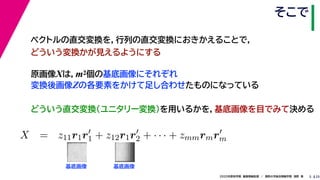 252020年度秋学期　画像情報処理　／　関西大学総合情報学部　浅野　晃
そこで
5
原画像Xは，m2個の基底画像にそれぞれ
変換後画像Zの各要素をかけて足し合わせたものになっている
ベクトルの直交変換を，行列の直交変換におきかえることで，
どういう変換かが見えるようにする
   
X = z11r1r1 + z12r1r2 + · · · + zmmrmrm
m m
基底画像 基底画像
どういう直交変換（ユニタリー変換）を用いるかを，基底画像を目でみて決める
 