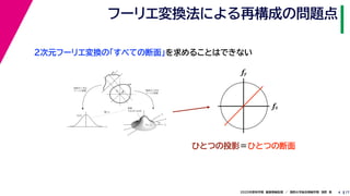 172020年度秋学期　画像情報処理　／　関西大学総合情報学部　浅野　晃
フーリエ変換法による再構成の問題点
4
fxF(fx, fy)
fy
θ
ξ
断面
F(ξcosθ, ξsinθ)
ξ
Gθ(ξ)
等しい
x
y
θ
s
sg(s, θ)
u
物体
投
影
物体の２次元
フーリエ変換
投影の１次元
フーリエ変換
２次元フーリエ変換の「すべての断面」を求めることはできない
fx
fy
ひとつの投影＝ひとつの断面
 