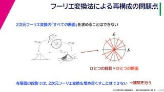 172020年度秋学期　画像情報処理　／　関西大学総合情報学部　浅野　晃
フーリエ変換法による再構成の問題点
4
fxF(fx, fy)
fy
θ
ξ
断面
F(ξcosθ, ξsinθ)
ξ
Gθ(ξ)
等しい
x
y
θ
s
sg(s, θ)
u
物体
投
影
物体の２次元
フーリエ変換
投影の１次元
フーリエ変換
２次元フーリエ変換の「すべての断面」を求めることはできない
fx
fy
ひとつの投影＝ひとつの断面
有限個の投影では，２次元フーリエ変換を埋め尽くすことはできない →補間を行う
 