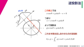 172020年度秋学期　画像情報処理　／　関西大学総合情報学部　浅野　晃
逆投影法
8
g(s,θ)
x
y
θ
s
軸
s
g(s, θ)
u
物体
投
影
0
g(0, θ)
s
この線上では
これを半周分足し合わせたのが逆投影
x cos θ + y sin θ − s = 0
　 　
s = x cos θ + y sin θ
つまり
よって投影は
g(x cos θ + y sin θ, θ)
b(x, y) =
π
0
g(x cos θ + y sin θ, θ)dθ
 