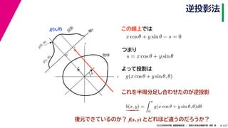 172020年度秋学期　画像情報処理　／　関西大学総合情報学部　浅野　晃
逆投影法
8
g(s,θ)
x
y
θ
s
軸
s
g(s, θ)
u
物体
投
影
0
g(0, θ)
s
この線上では
これを半周分足し合わせたのが逆投影
x cos θ + y sin θ − s = 0
　 　
s = x cos θ + y sin θ
つまり
よって投影は
g(x cos θ + y sin θ, θ)
b(x, y) =
π
0
g(x cos θ + y sin θ, θ)dθ
復元できているのか？ f(x, y) とどれほど違うのだろうか？
 