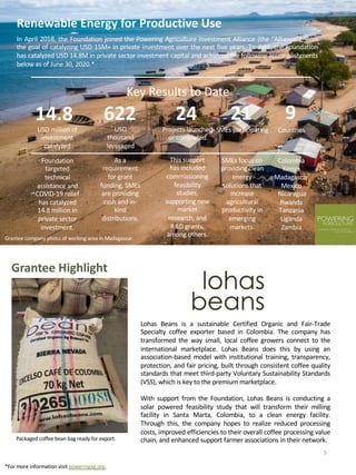 Renewable Energy for Productive Use
In April 2018, the Foundation joined the Powering Agriculture Investment Alliance (the “Alliance”), with
the goal of catalyzing USD 15M+ in private investment over the next five years. To date, the Foundation
has catalyzed USD 14.8M in private sector investment capital and achieved the following accomplishments
below as of June 30, 2020.*
Key Results to Date
24 21 9
Projects launched
or completed
SMEs participating Countries
This support
has included
commissioning
feasibility
studies,
supporting new
market
research, and
R&D grants,
among others.
SMEs focus on
providing clean
energy
solutions that
increase
agricultural
productivity in
emerging
markets.
Colombia
Kenya
Madagascar
Mexico
Nicaragua
Rwanda
Tanzania
Uganda
Zambia
Grantee Highlight
Lohas Beans is a sustainable Certified Organic and Fair-Trade
Specialty coffee exporter based in Colombia. The company has
transformed the way small, local coffee growers connect to the
international marketplace. Lohas Beans does this by using an
association-based model with institutional training, transparency,
protection, and fair pricing, built through consistent coffee quality
standards that meet third-party Voluntary Sustainability Standards
(VSS), which is key to the premium marketplace.
With support from the Foundation, Lohas Beans is conducting a
solar powered feasibility study that will transform their milling
facility in Santa Marta, Colombia, to a clean energy facility.
Through this, the company hopes to realize reduced processing
costs, improved efficiencies to their overall coffee processing value
chain, and enhanced support farmer associations in their network.
Grantee company photo of working area in Madagascar.
Packaged coffee bean bag ready for export.
*For more information visit poweringag.org.
5
14.8
USD million of
investment
catalyzed
Foundation
targeted
technical
assistance and
COVID-19 relief
has catalyzed
14.8 million in
private sector
investment.
622
As a
requirement
for grant
funding, SMEs
are providing
cash and in-
kind
distributions.
USD
thousand
leveraged
 