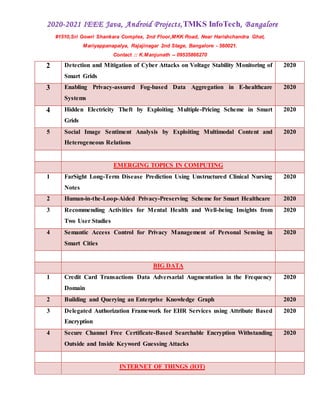 2020-2021 IEEE Java, Android Projects,TMKS InfoTech, Bangalore
#1510,Sri Gowri Shankara Complex, 2nd Floor,MKK Road, Near Harishchandra Ghat,
Mariyappanapalya, Rajajinagar 2nd Stage, Bangalore - 560021.
Contact :: K.Manjunath -- 09535866270
2 Detection and Mitigation of Cyber Attacks on Voltage Stability Monitoring of
Smart Grids
2020
3 Enabling Privacy-assured Fog-based Data Aggregation in E-healthcare
Systems
2020
4 Hidden Electricity Theft by Exploiting Multiple-Pricing Scheme in Smart
Grids
2020
5 Social Image Sentiment Analysis by Exploiting Multimodal Content and
Heterogeneous Relations
2020
EMERGING TOPICS IN COMPUTING
1 FarSight Long-Term Disease Prediction Using Unstructured Clinical Nursing
Notes
2020
2 Human-in-the-Loop-Aided Privacy-Preserving Scheme for Smart Healthcare 2020
3 Recommending Activities for Mental Health and Well-being Insights from
Two User Studies
2020
4 Semantic Access Control for Privacy Management of Personal Sensing in
Smart Cities
2020
BIG DATA
1 Credit Card Transactions Data Adversarial Augmentation in the Frequency
Domain
2020
2 Building and Querying an Enterprise Knowledge Graph 2020
3 Delegated Authorization Framework for EHR Services using Attribute Based
Encryption
2020
4 Secure Channel Free Certificate-Based Searchable Encryption Withstanding
Outside and Inside Keyword Guessing Attacks
2020
INTERNET OF THINGS (IOT)
 