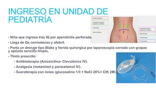- Niña que ingresa tras IQ por apendicitis perforada.
- Llega de Qx normotensa y afebril.
- Porta un drenaje tipo Blake y herida quirúrgica por laparoscopia cerrada con grapas
y apósito sencillo limpio.
- Ttmto prescrito:
- Antibioterapia (Amoxicilina- Clavulánico IV).
- Analgesia (metamizol y paracetamol IV).
- Sueroterapia con iones (glucosalino 1/3 + NaCl 20%+ ClK 2M).
INGRESO EN UNIDAD DE
PEDIATRÍA
 