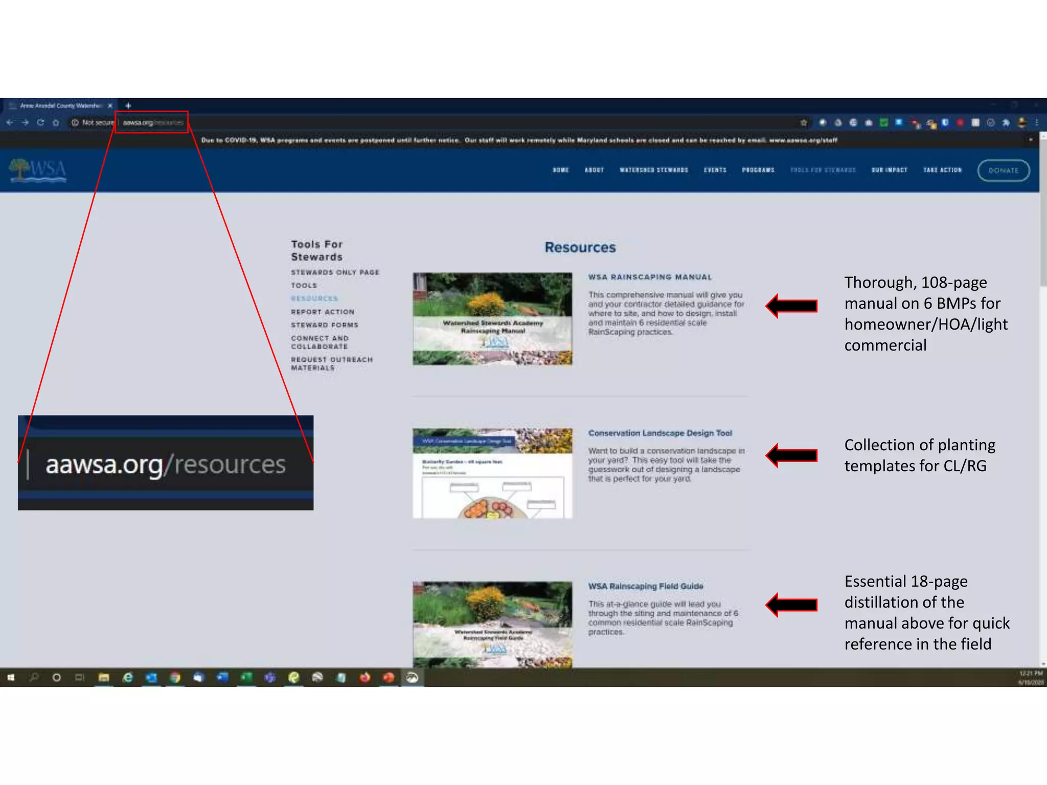 Thorough, 108-page
manual on 6 BMPs for
homeowner/HOA/light
commercial
Collection of planting
templates for CL/RG
Essential 18-page
distillation of the
manual above for quick
reference in the field
 