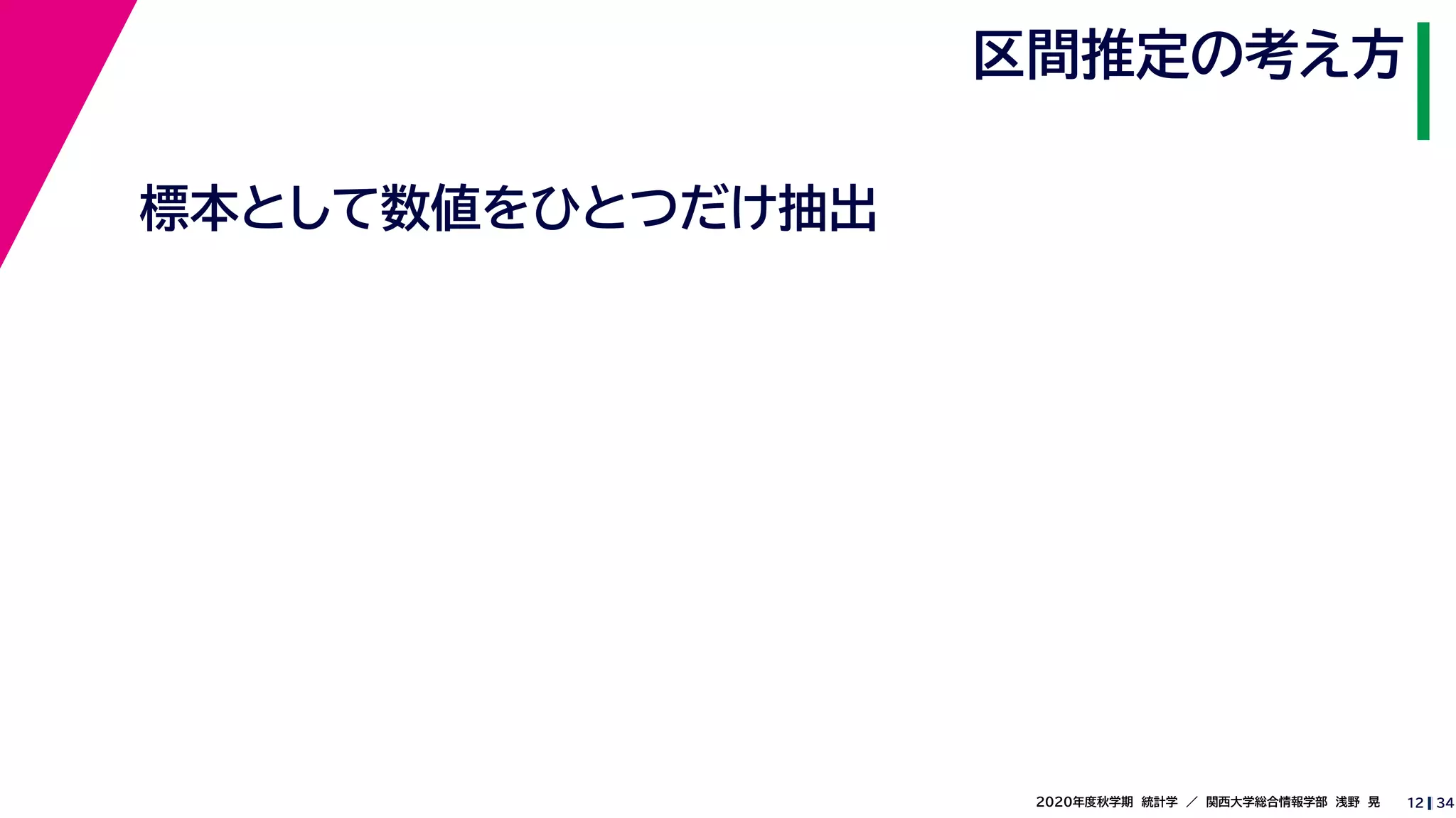 342020年度秋学期　統計学　／　関西大学総合情報学部　浅野　晃
区間推定の考え方
12
標本として数値をひとつだけ抽出
 