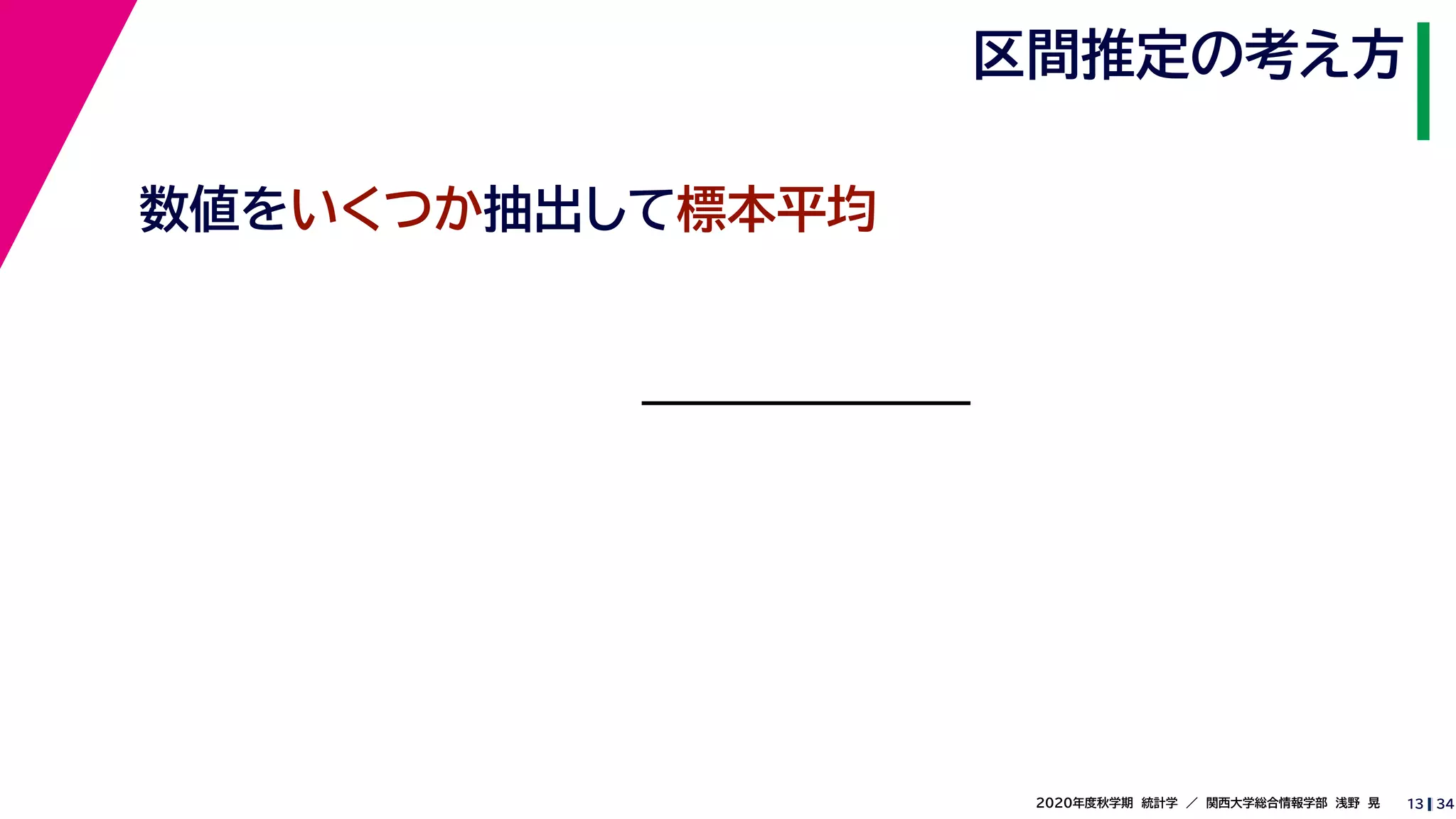 342020年度秋学期　統計学　／　関西大学総合情報学部　浅野　晃
区間推定の考え方
13
数値をいくつか抽出して標本平均
 