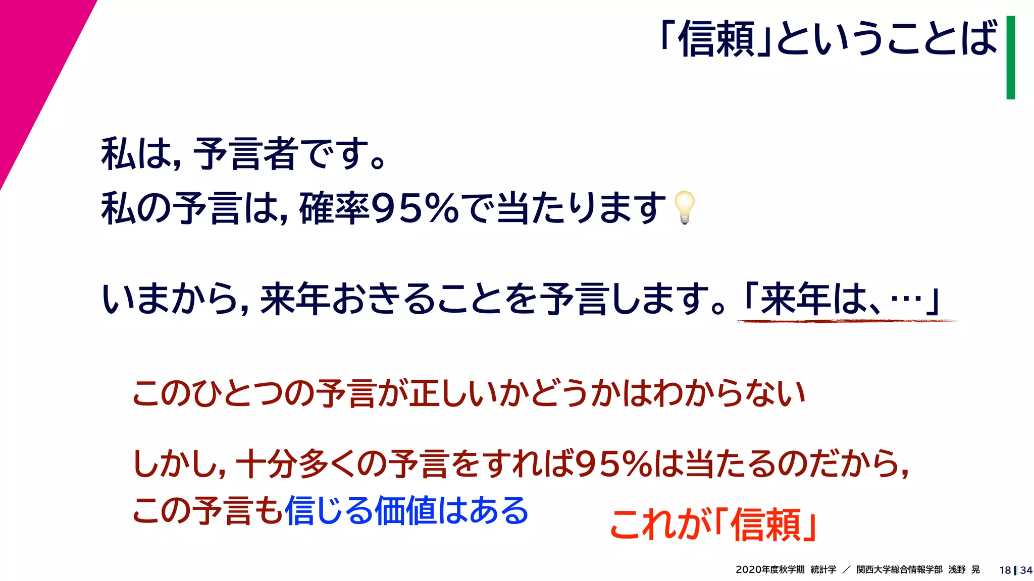 342020年度秋学期　統計学　／　関西大学総合情報学部　浅野　晃
「信頼」ということば
18
私は，予言者です。
私の予言は，確率95%で当たります💡💡
いまから，来年おきることを予言します。 「来年は、…」
このひとつの予言が正しいかどうかはわからない
しかし，十分多くの予言をすれば95%は当たるのだから，
この予言も信じる価値はある
これが「信頼」
 