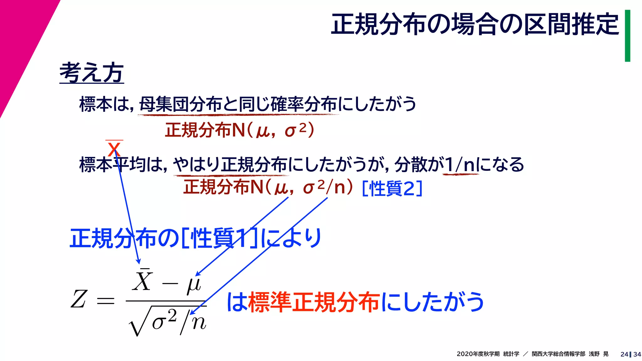 342020年度秋学期　統計学　／　関西大学総合情報学部　浅野　晃
正規分布の場合の区間推定
24
考え方
標本は，母集団分布と同じ確率分布にしたがう
正規分布N(μ, σ2)
標本平均は，やはり正規分布にしたがうが，分散が1/nになる
正規分布N(μ, σ2/n) ［性質２］
正規分布の［性質１］により
X
Z =
¯X − µ
σ2/n
は標準正規分布にしたがう
 