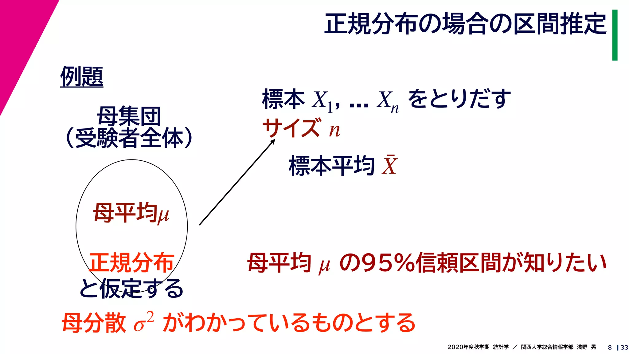 332020年度秋学期　統計学　／　関西大学総合情報学部　浅野　晃
正規分布の場合の区間推定
8
例題
標本 , ... をとりだす
サイズ
X1 Xn
n
母集団
（受験者全体）
母平均μ
母平均 の95%信頼区間が知りたいμ正規分布
と仮定する
母分散 がわかっているものとするσ2
標本平均 ¯X
 