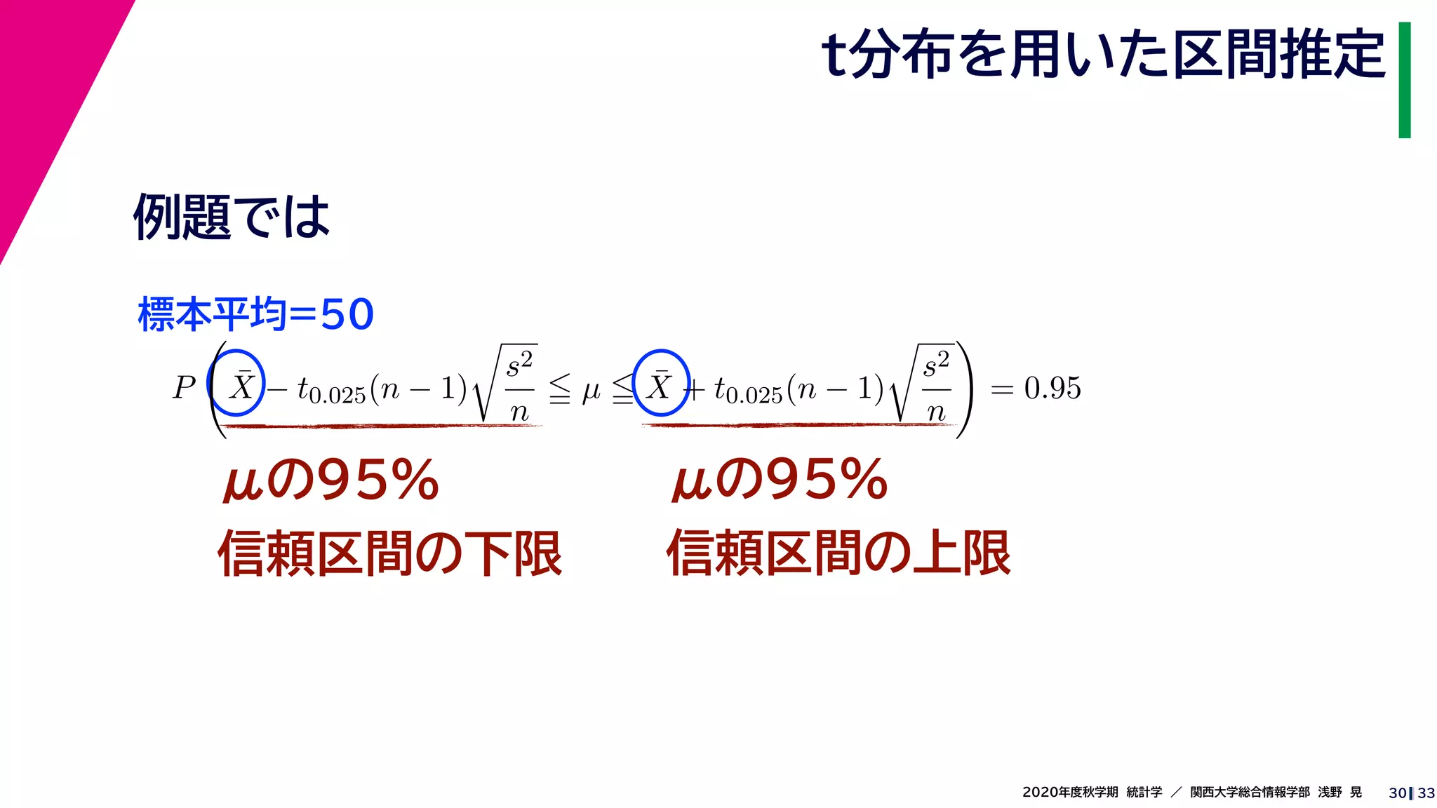 332020年度秋学期　統計学　／　関西大学総合情報学部　浅野　晃
t分布を用いた区間推定
30
μの95%
信頼区間の下限
μの95%
信頼区間の上限
例題では
標本平均=50
P ¯X − t0.025(n − 1)
s2
n
µ ¯X + t0.025(n − 1)
s2
n
= 0.95
 